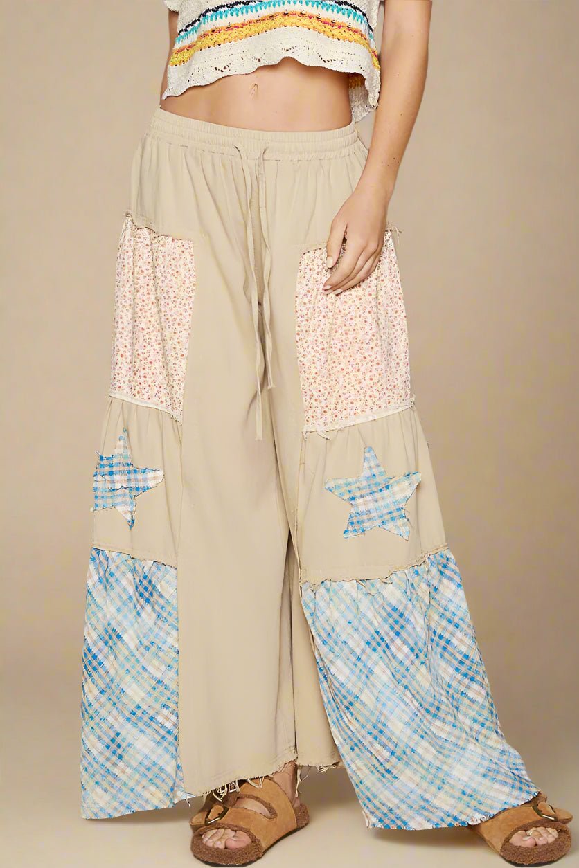 POL - Beige Wide Leg Pants with Floral Patchwork and Blue Plaid Star Insets