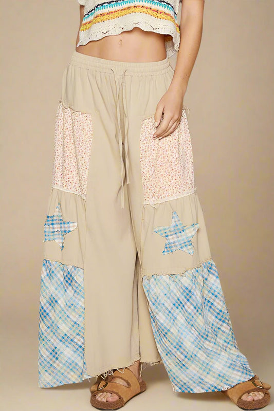 POL - Beige Wide Leg Pants with Floral Patchwork and Blue Plaid Star Insets