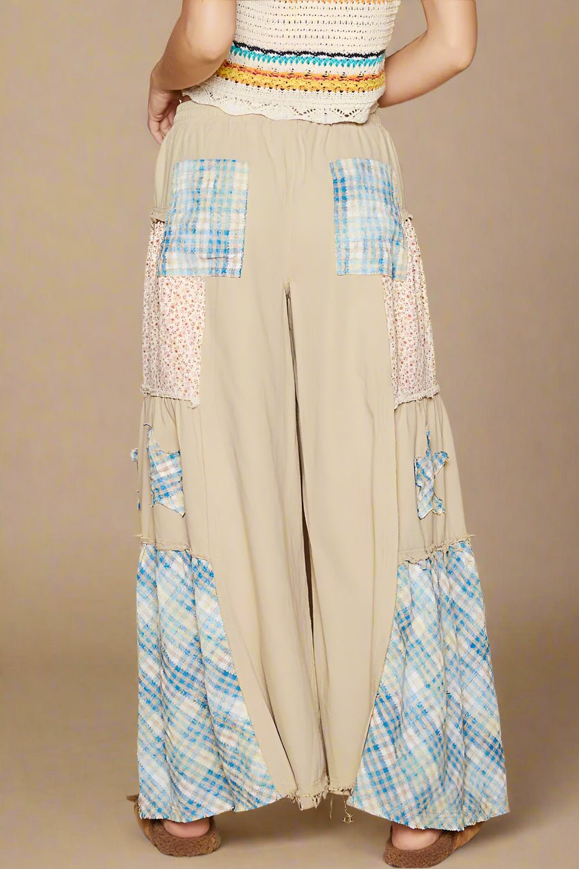 POL - Beige Wide Leg Pants with Floral Patchwork and Blue Plaid Star Insets