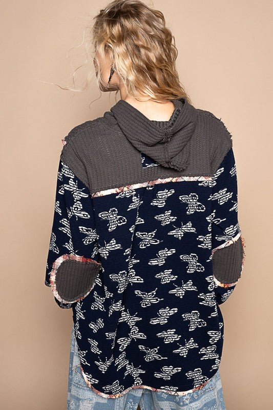 POL - Black Butterfly Print Hooded Top