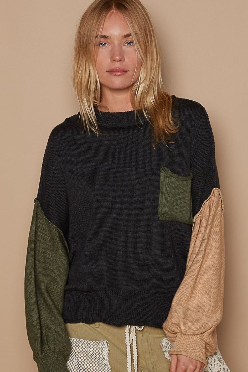 POL - Black Color Block Hacci Sweater