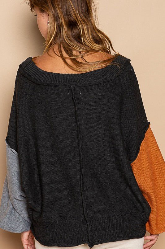 POL - Black Color Block V - Neck Sweater