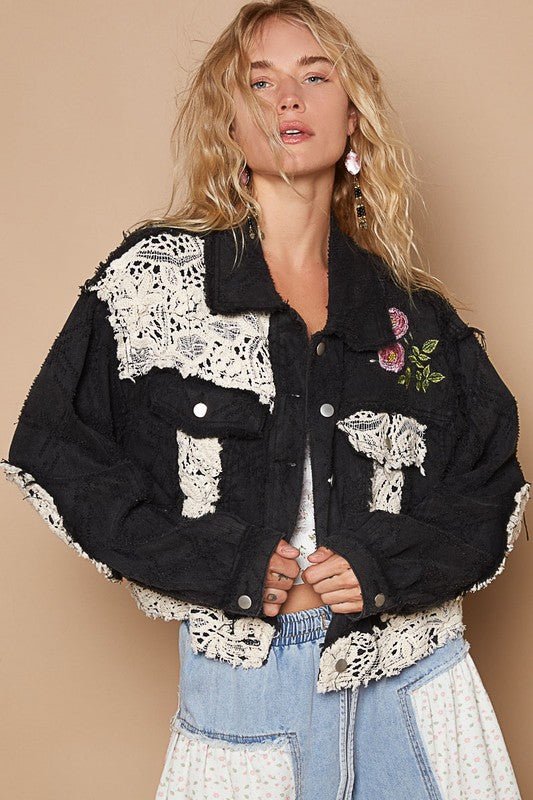 POL - Black Crocheted Patchwork Embroidered Button Up Jacket