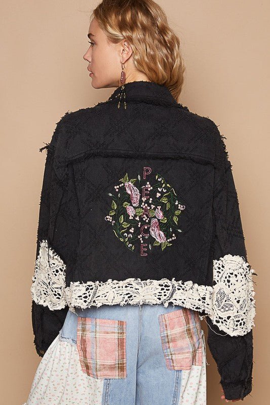 POL - Black Crocheted Patchwork Embroidered Button Up Jacket