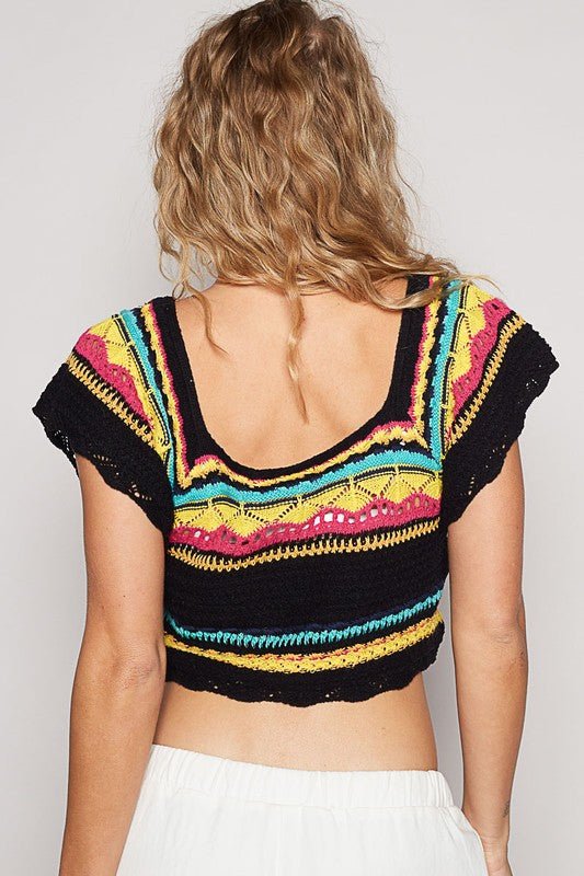 POL - Black Crocheted Striped Cropped Top