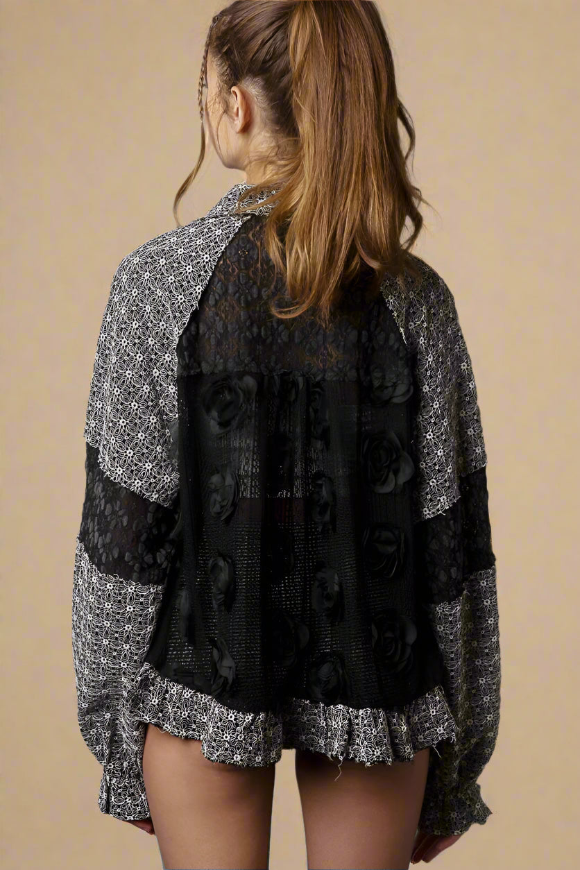 POL - Black Flower & Pearl Detail Lace Shirt