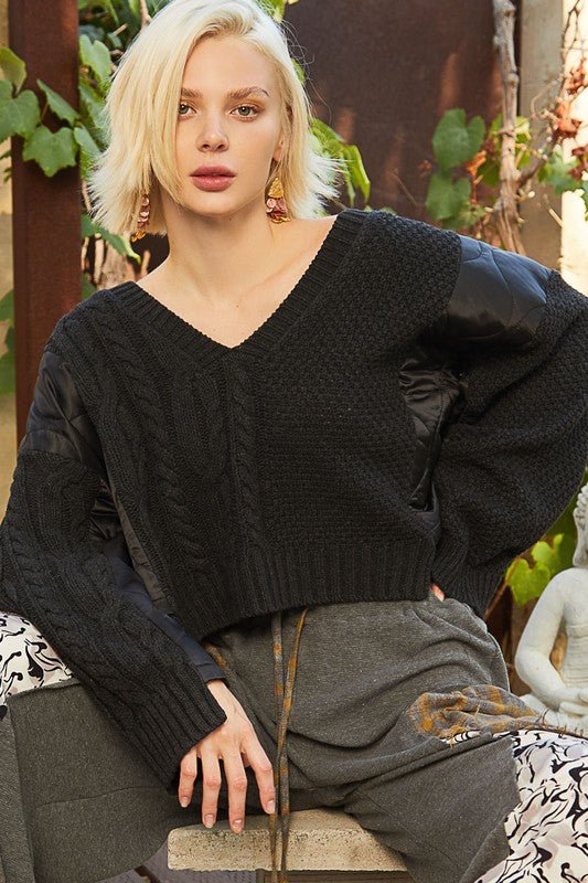 POL - Black Mixed Textures V - Neck Sweater