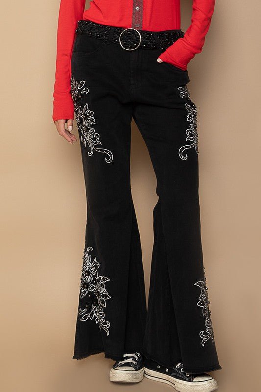 POL - Black Raw Hem Embroidered Flare Pants