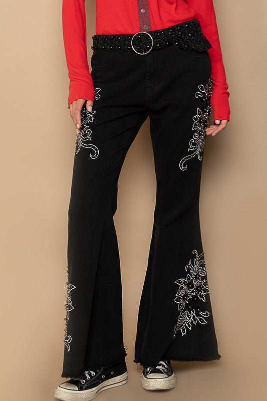 POL - Black Raw Hem Embroidered Flare Pants