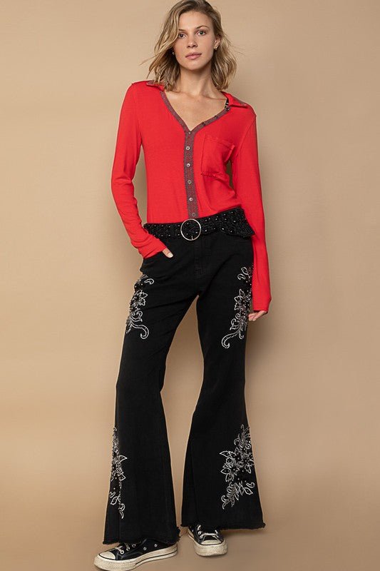 POL - Black Raw Hem Embroidered Flare Pants