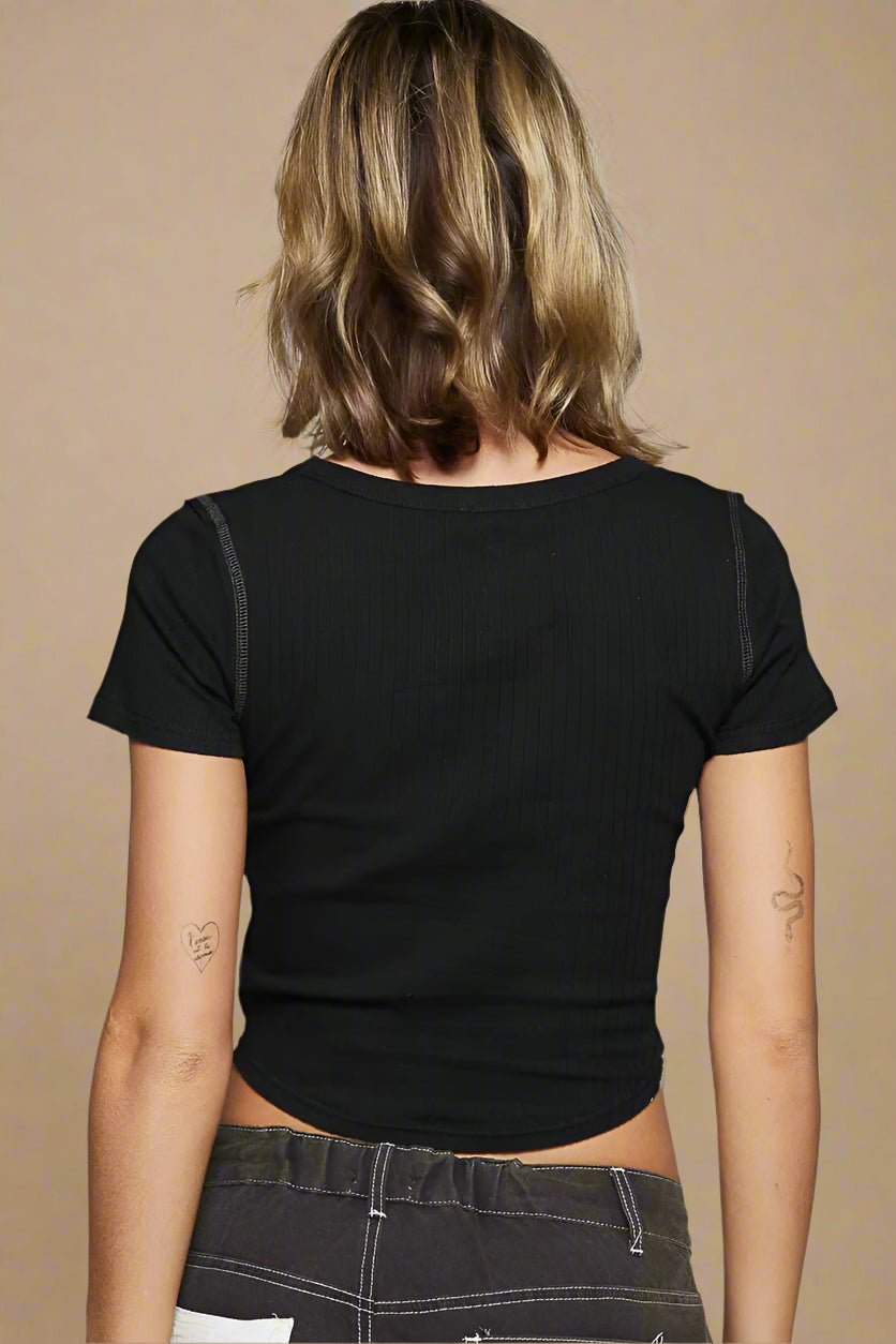 POL - Black Ribbed Contrast Stitch Crop Top