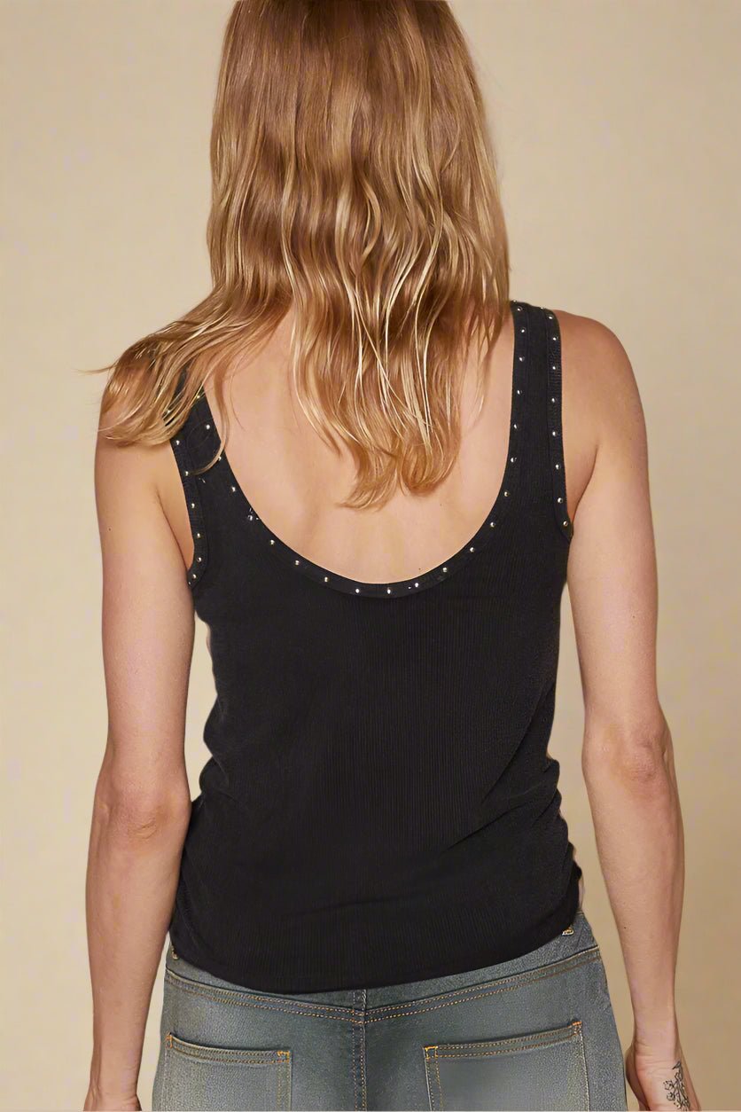 POL - Black Ribbed Tank Top with Studded Trim