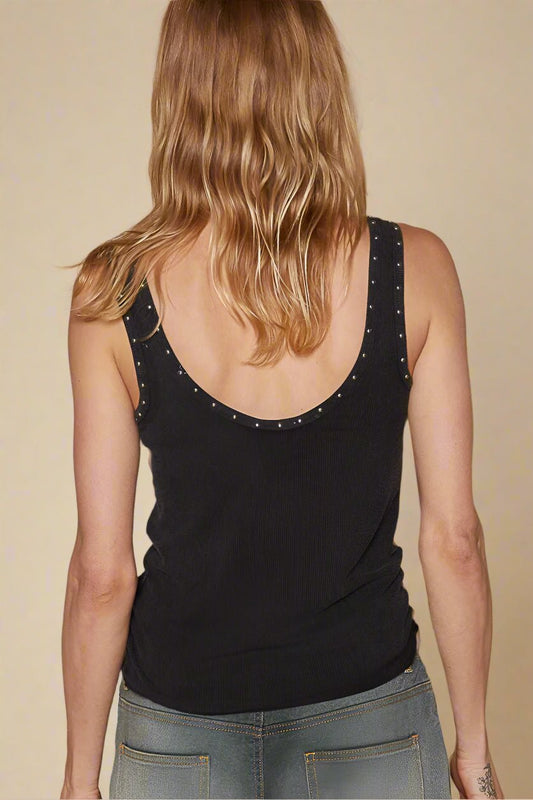 POL - Black Ribbed Tank Top with Studded Trim
