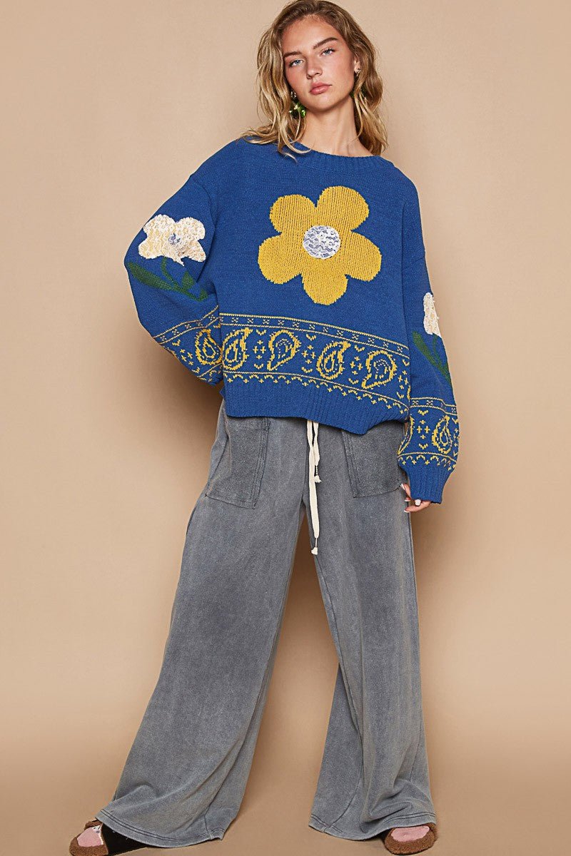 POL - Blue Lace Flower Patch Long Sleeve Sweater