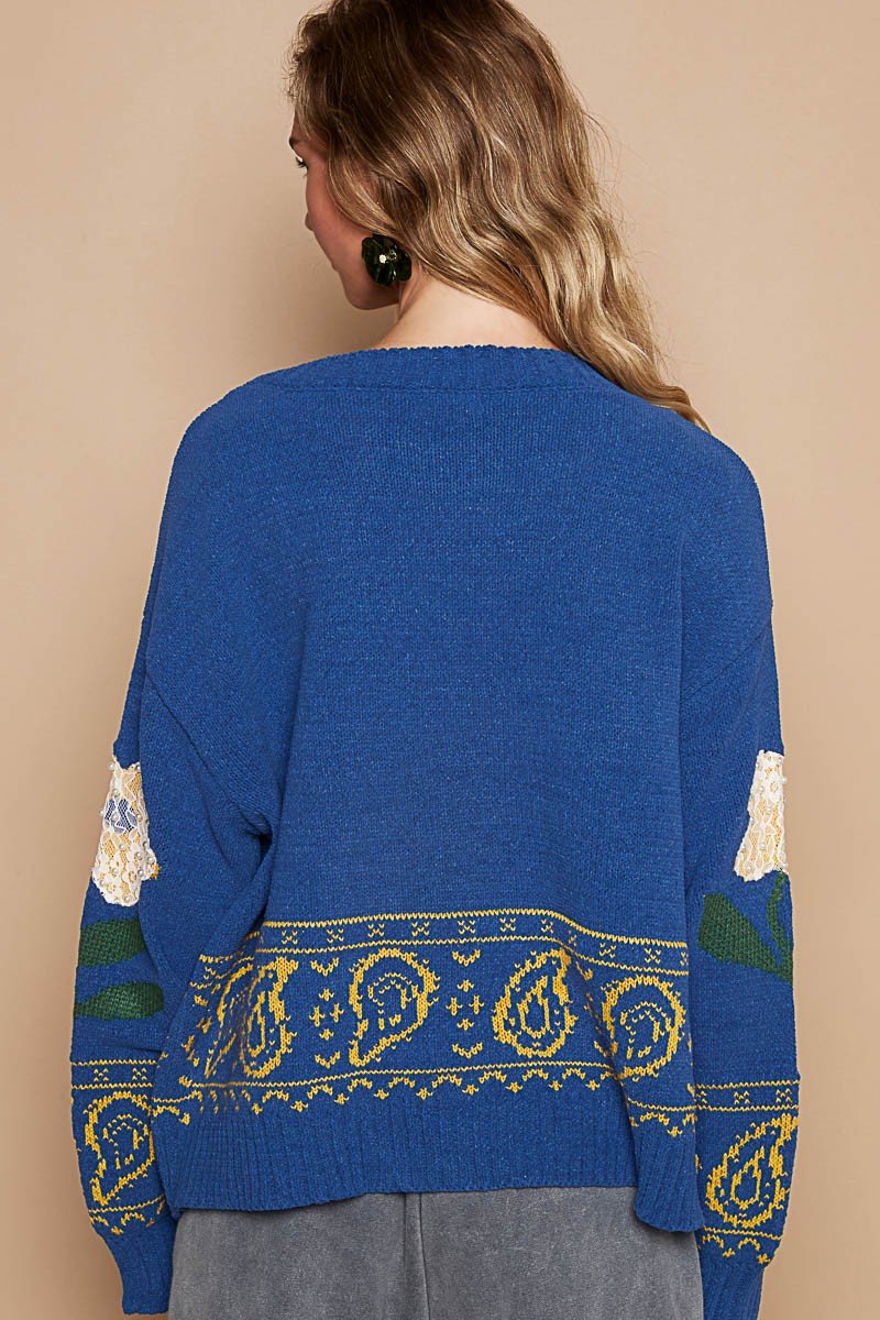 POL - Blue Lace Flower Patch Long Sleeve Sweater