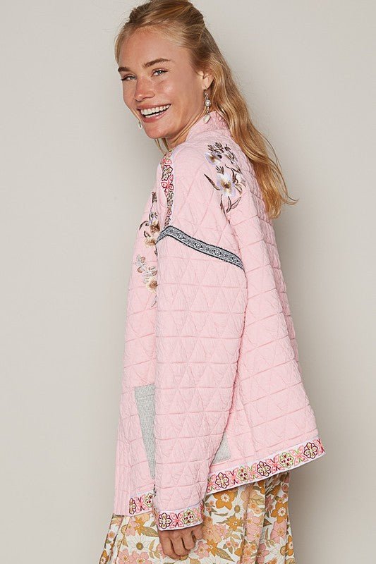 POL - Blush Pink Embroidered Open Front Quilted Jacket