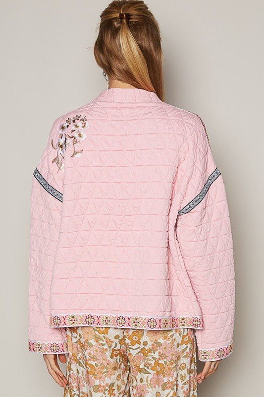 POL - Blush Pink Embroidered Open Front Quilted Jacket