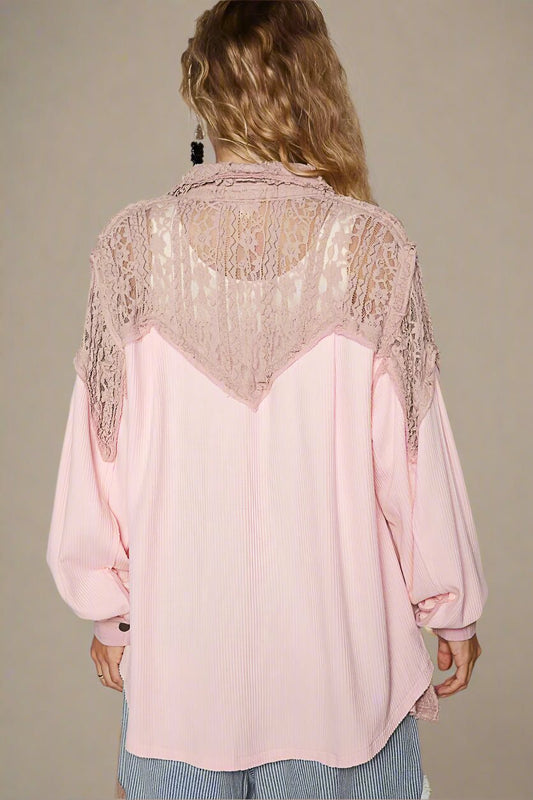 POL - Blush Pink Lace Trim Button Down Shacket