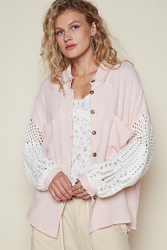 POL - Blush Pink Openwork Sleeve Button Down Gauze Shirt