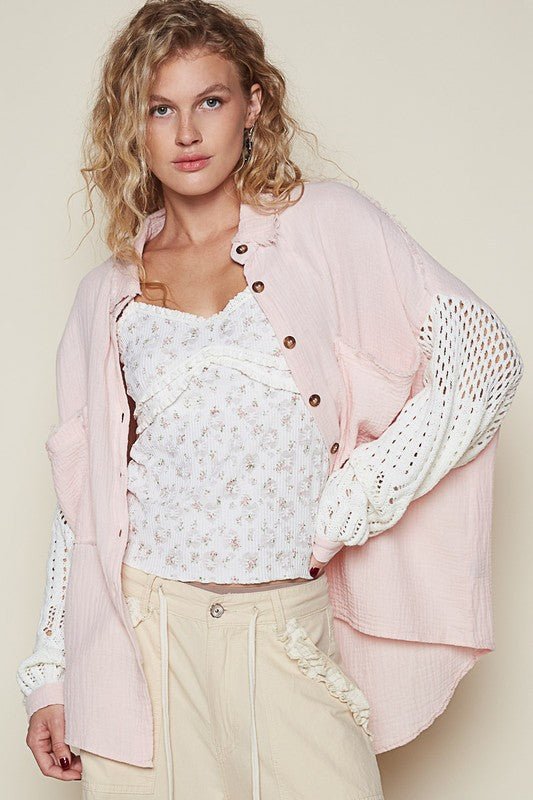 POL - Blush Pink Openwork Sleeve Button Down Gauze Shirt