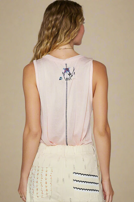 POL - Blush Pink Sleeveless Pocket Tank with Navy Trim