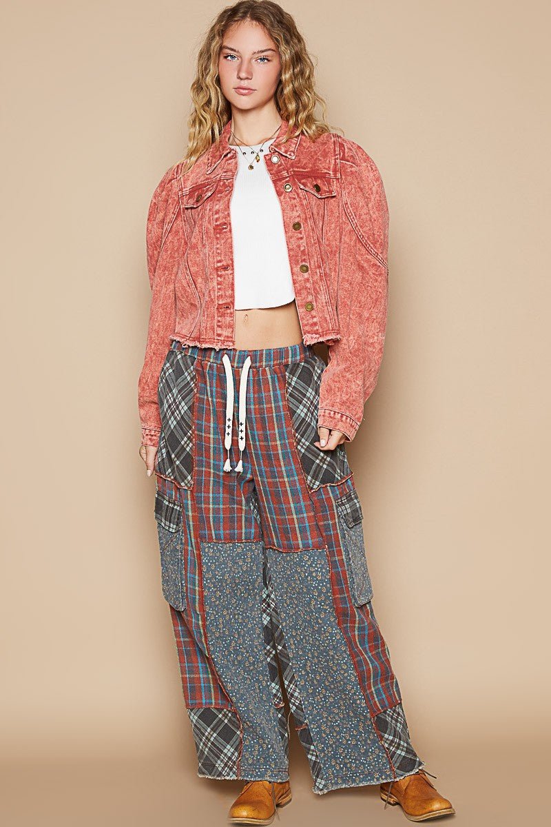 POL - Brick Red Raw Hem Puff Sleeve Cropped Denim Jacket