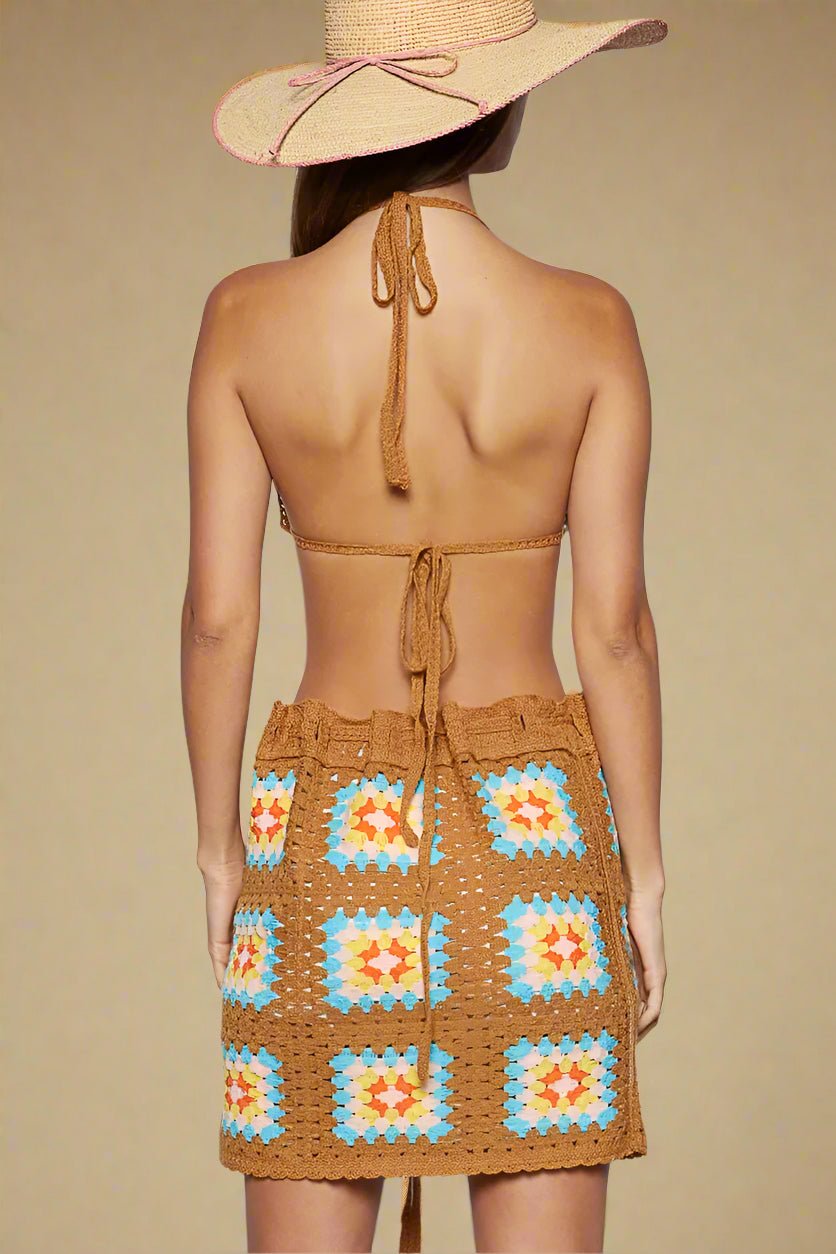 POL - Brown Multicolor Crochet Halter Top & Mini Skirt Set