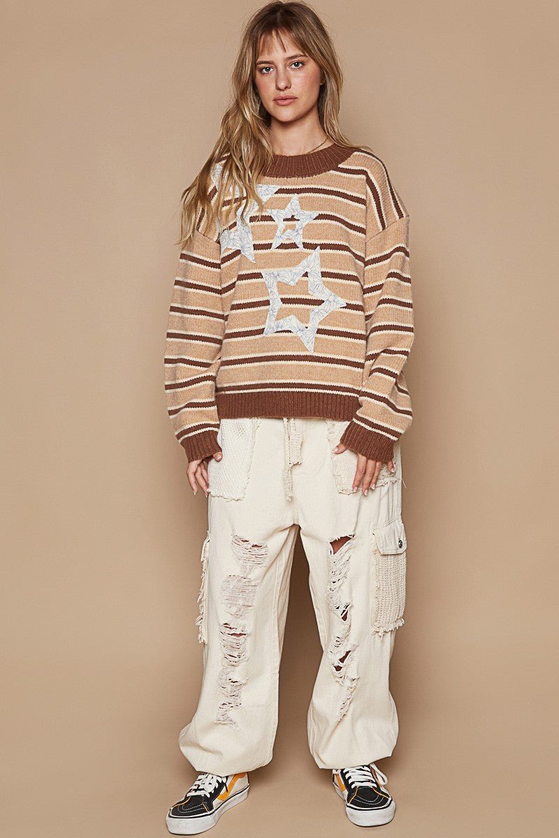 POL - Brown Striped Star Patch Sweater