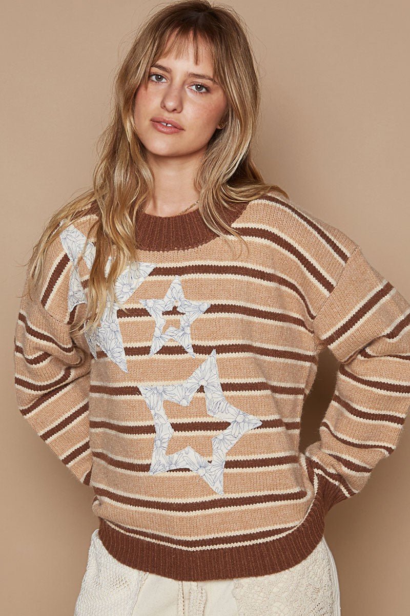 POL - Brown Striped Star Patch Sweater