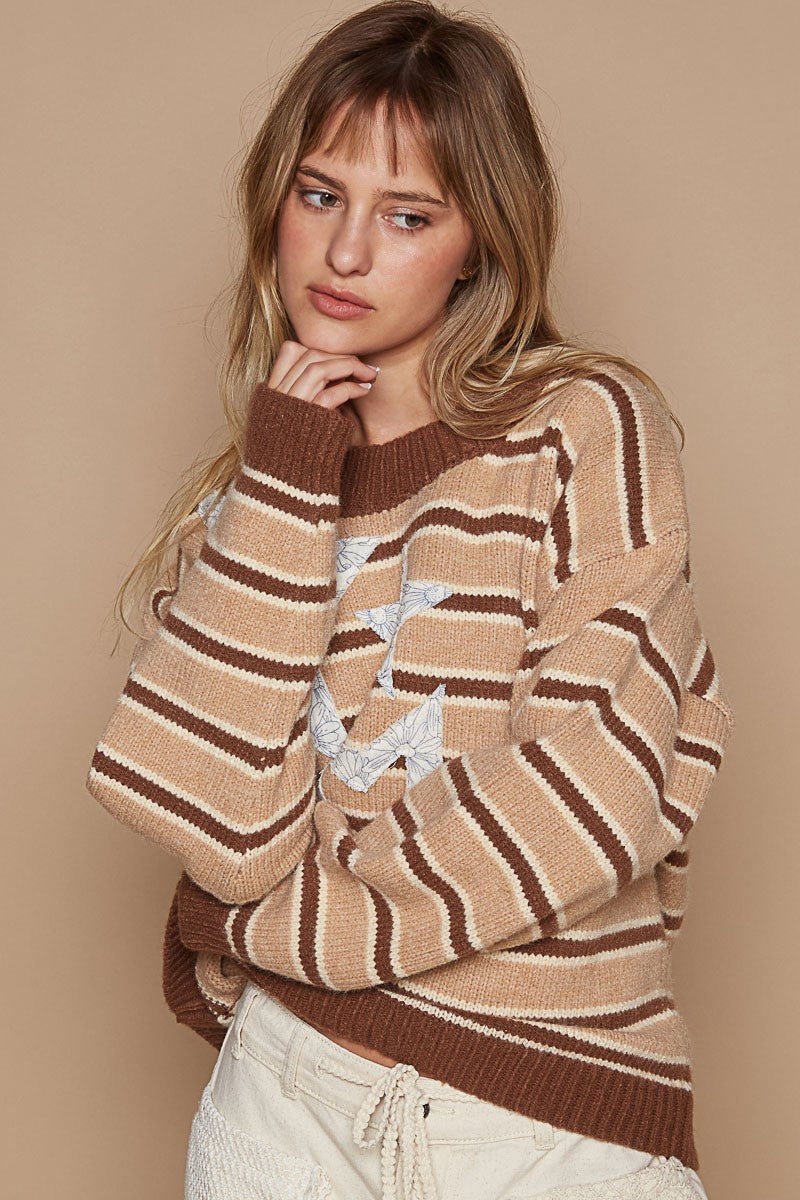 POL - Brown Striped Star Patch Sweater