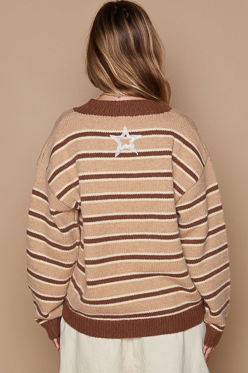 POL - Brown Striped Star Patch Sweater