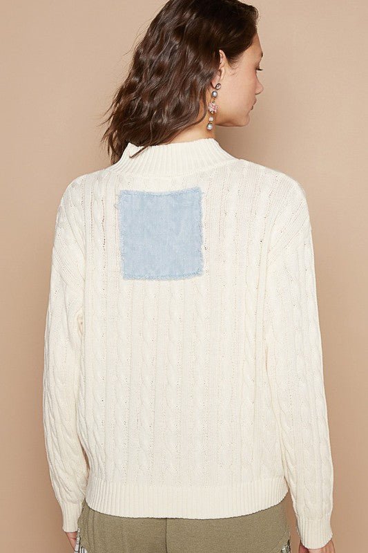 POL - Cable Knit Heart Peace Patch Sweater in Ivory