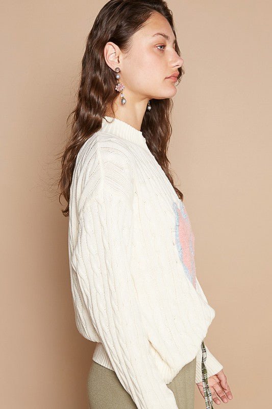 POL - Cable Knit Heart Peace Patch Sweater in Ivory