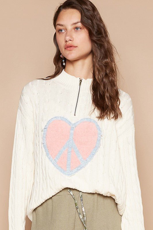 POL - Cable Knit Heart Peace Patch Sweater in Ivory