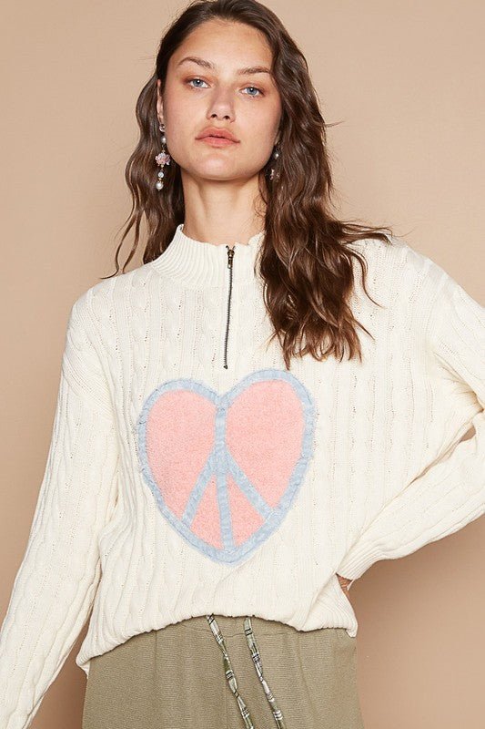 POL - Cable Knit Heart Peace Patch Sweater in Ivory