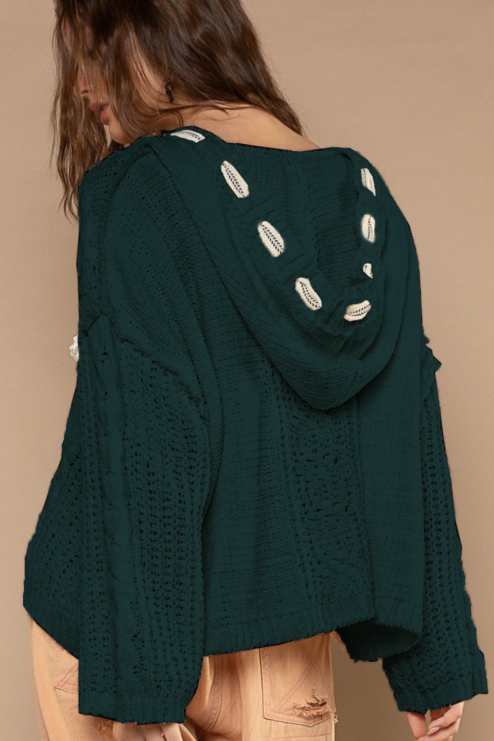 POL - Cable Knit Hooded Chenille Sweater in Deep Forest