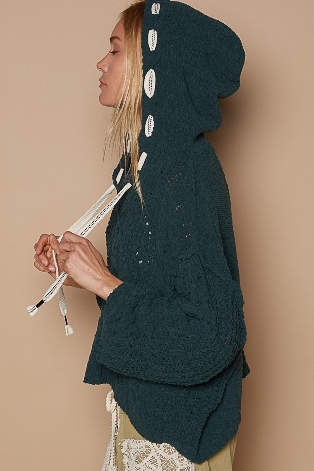 POL - Cable Knit Hooded Chenille Sweater in Deep Forest