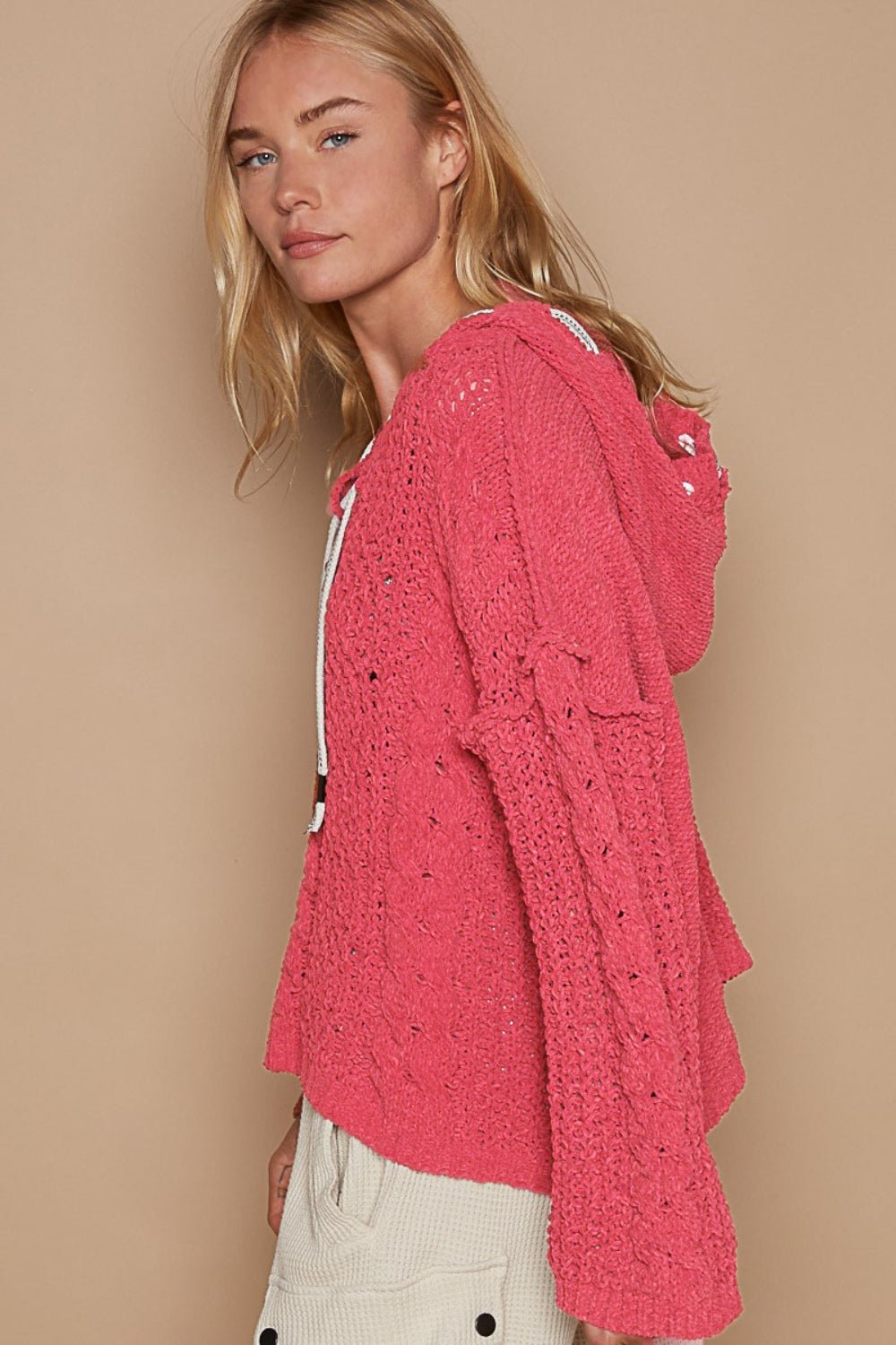 POL - Cable Knit Hooded Chenille Sweater in Fuchsia