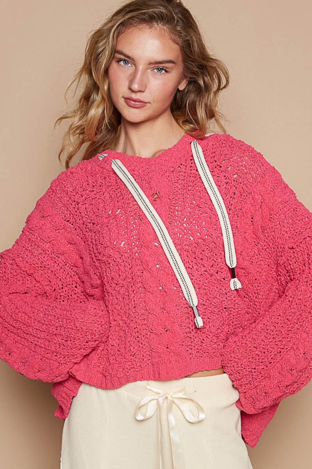 POL - Cable Knit Hooded Chenille Sweater in Fuchsia