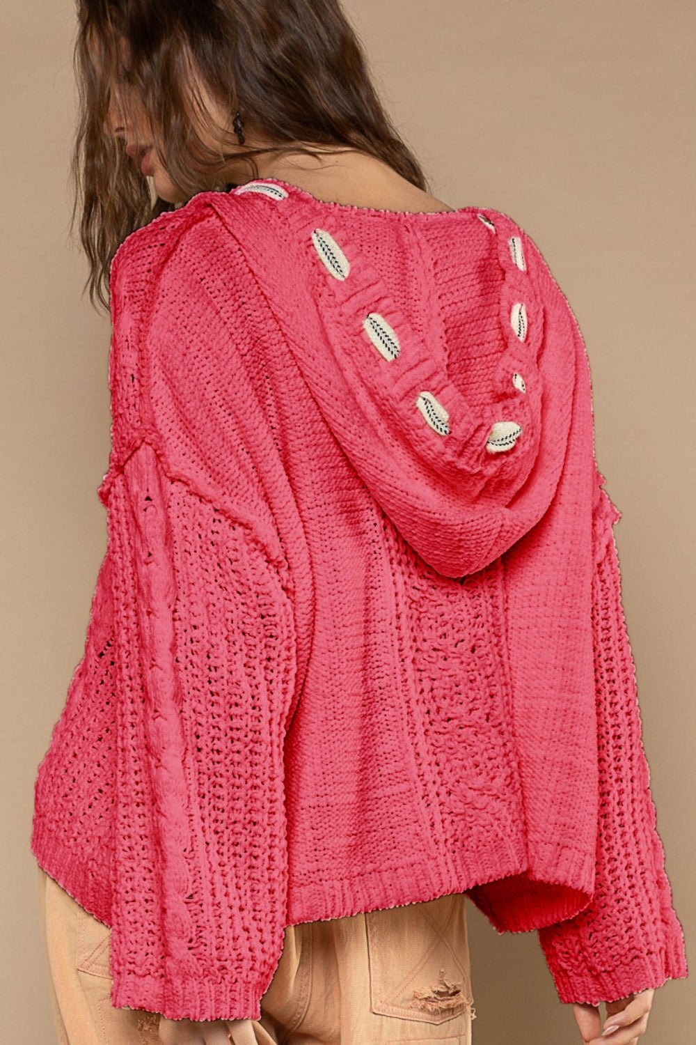 POL - Cable Knit Hooded Chenille Sweater in Fuchsia