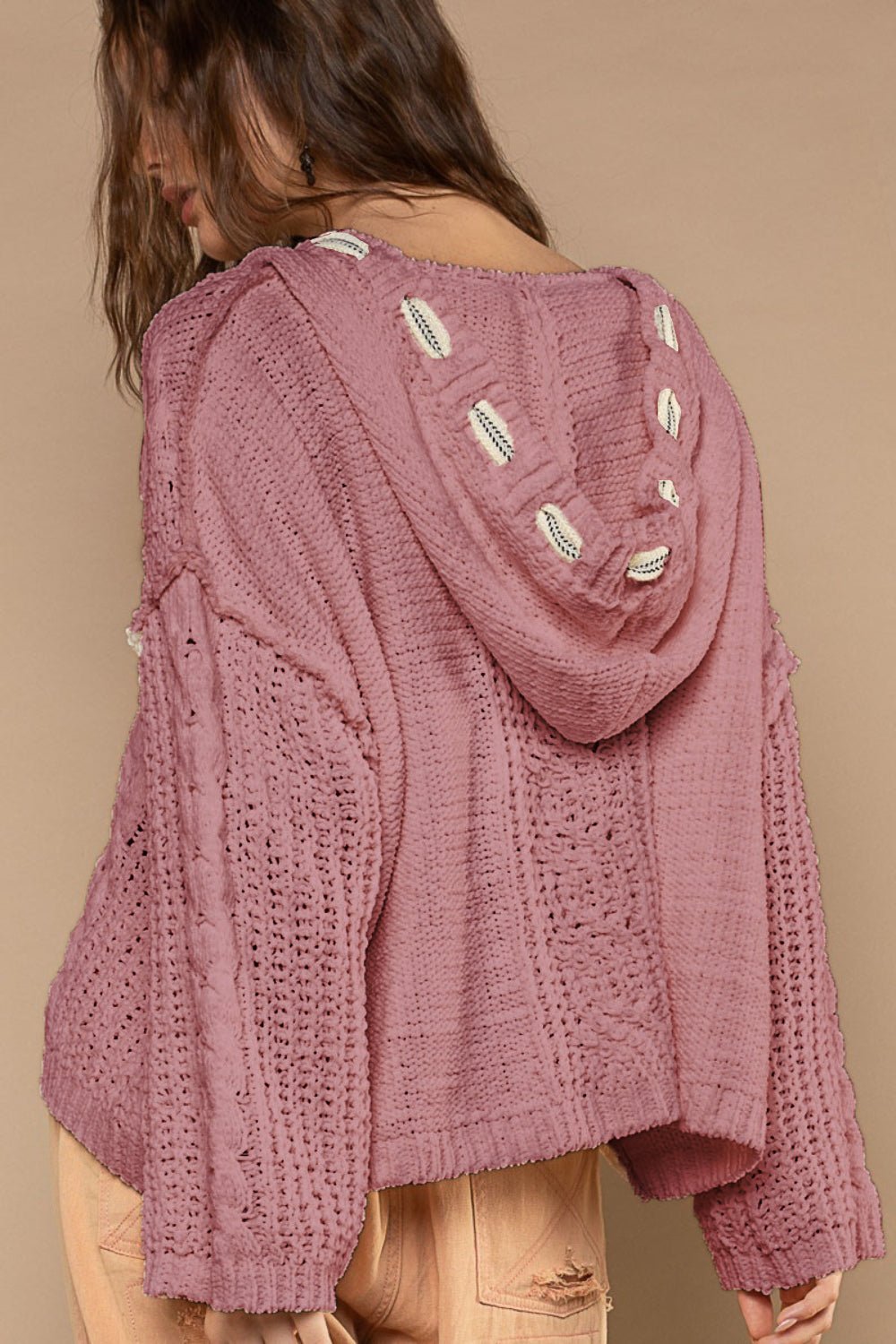 POL - Cable Knit Hooded Chenille Sweater in Red Bean Paste