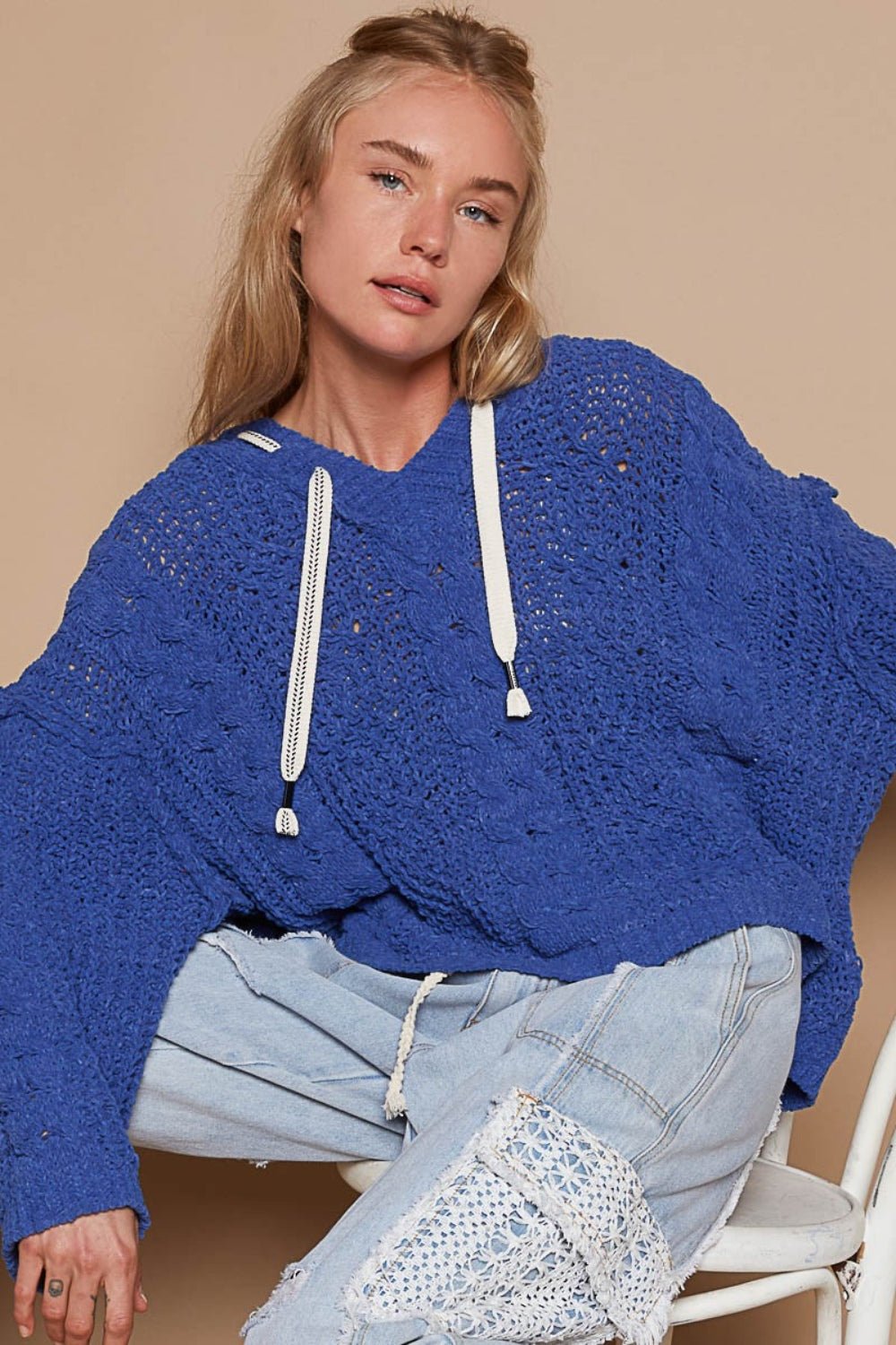 POL - Cable Knit Hooded Chenille Sweater in Ultramarine