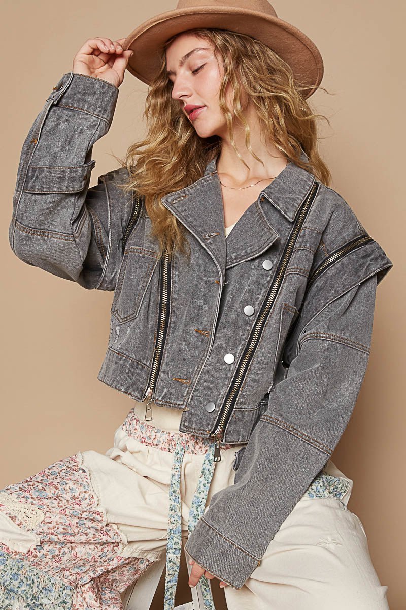 POL - Charcoal Gray Cropped Denim Moto Jacket