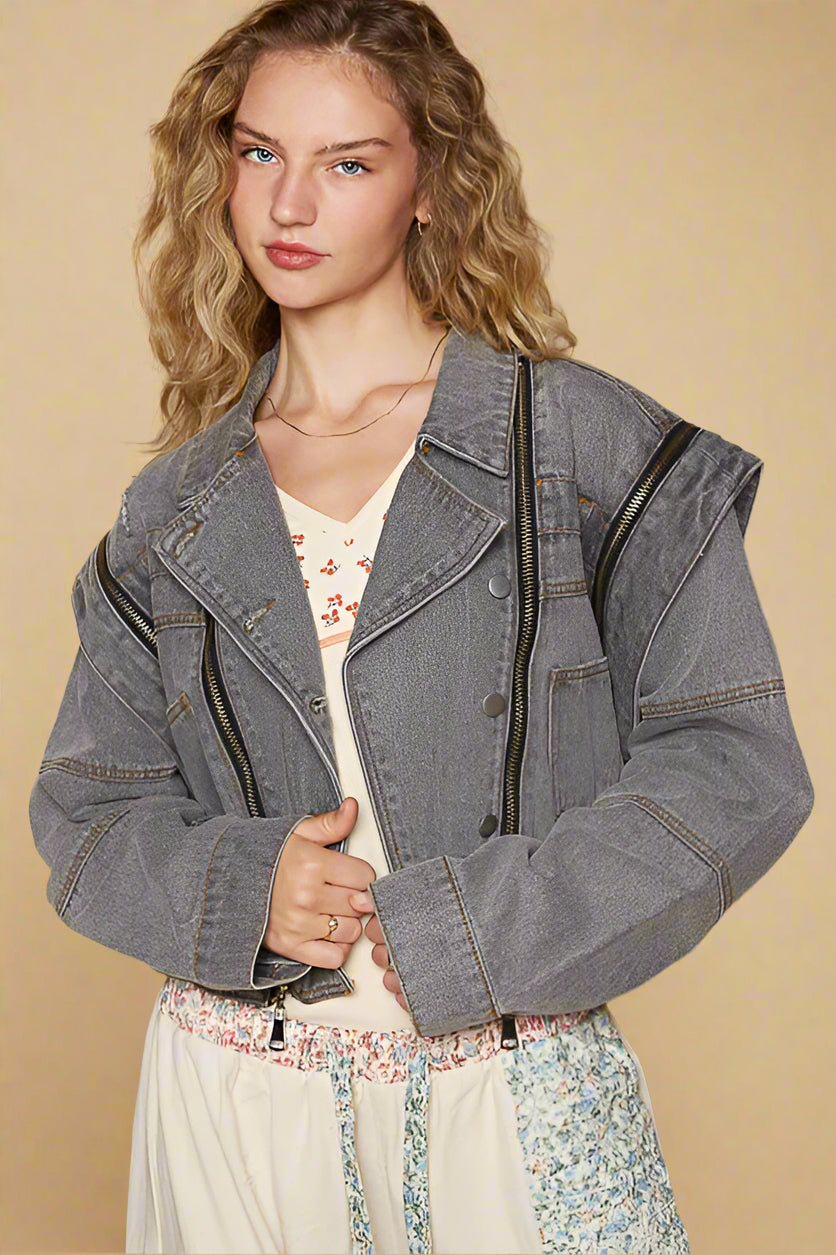 POL - Charcoal Gray Cropped Denim Moto Jacket