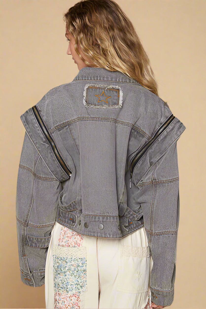 POL - Charcoal Gray Cropped Denim Moto Jacket