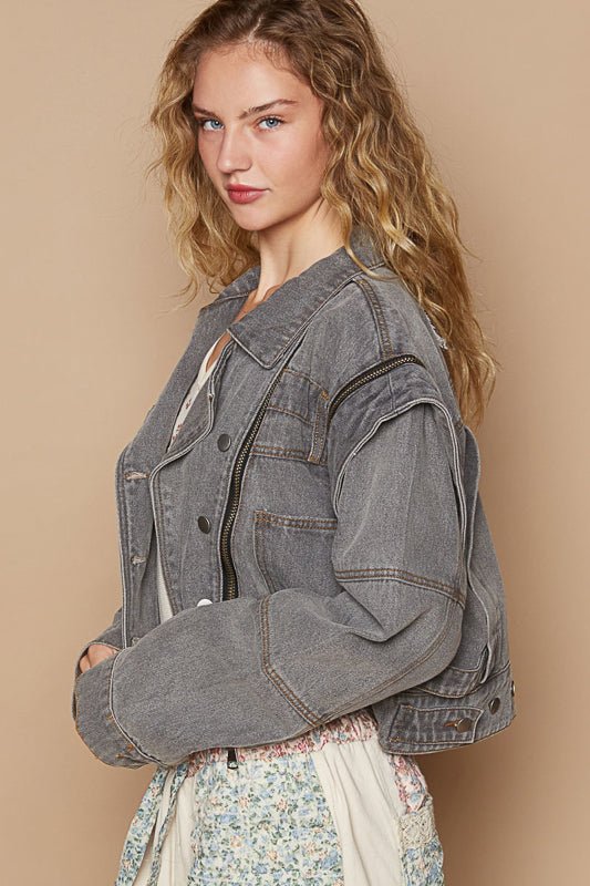 POL - Charcoal Gray Cropped Denim Moto Jacket