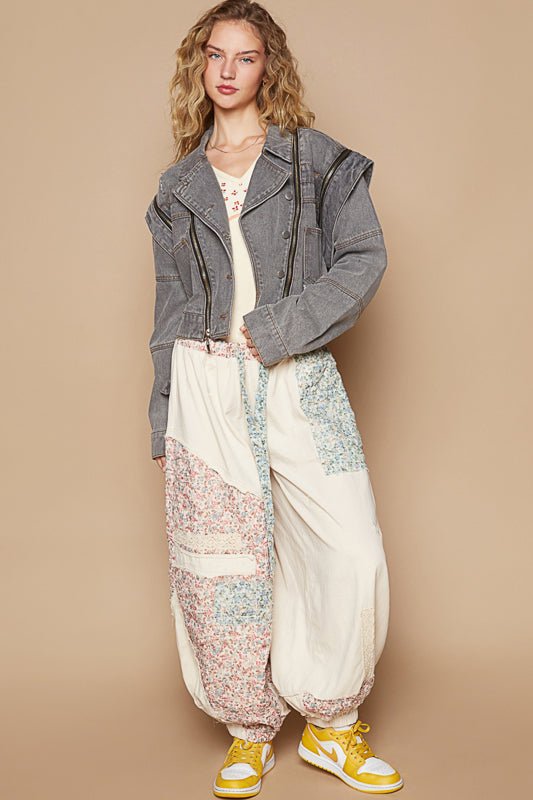 POL - Charcoal Gray Cropped Denim Moto Jacket