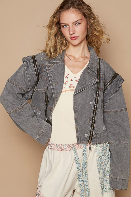 POL - Charcoal Gray Cropped Denim Moto Jacket