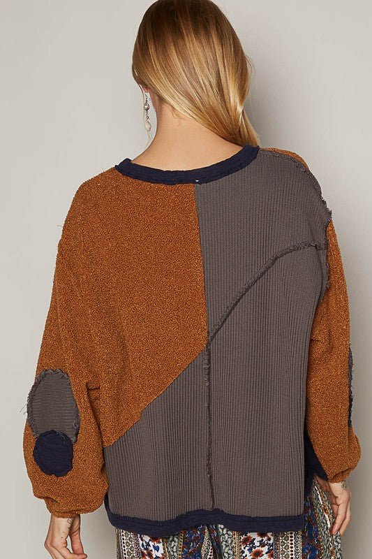 POL - Color Block Half Zip Sweatshirt in Terracotta