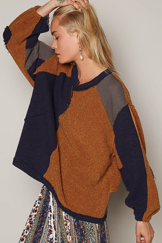 POL - Color Block Half Zip Sweatshirt in Terracotta